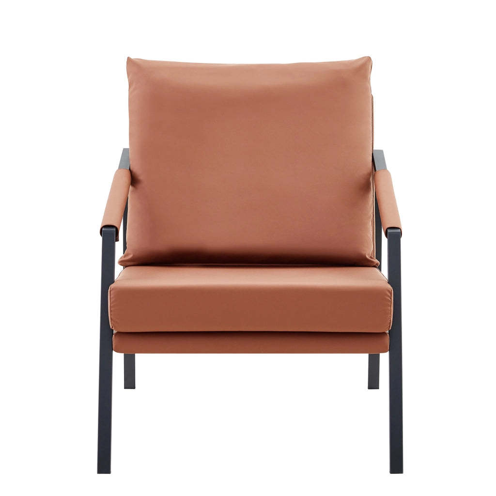 Poltrona moderna in similpelle marrone con struttura in metallo nero, stile industriale