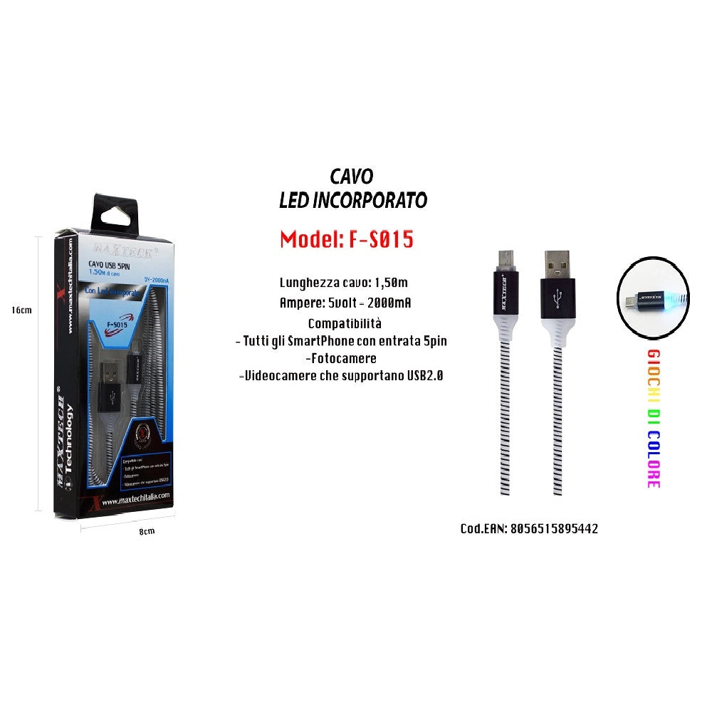 Trade Shop - Cavo Di Ricarica Usb Led Incorporato Smartphone Fotocamere 5v-2000ma 1,50mt Maxtech F-s015 -
