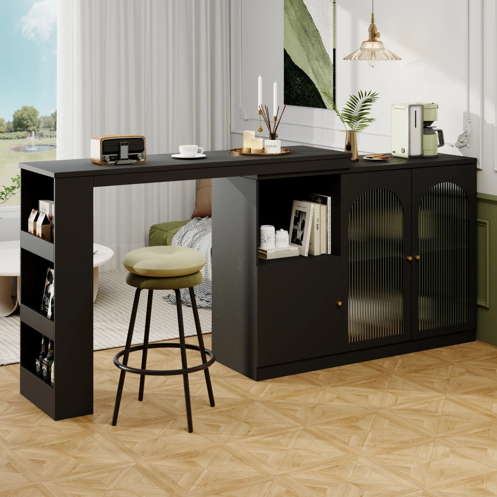 Mobile Bar con Anta in Vetro; Ripiani Aperti e Rotazione a 360°; per Cucina e Sala da Pranzo; in MDF; Nero