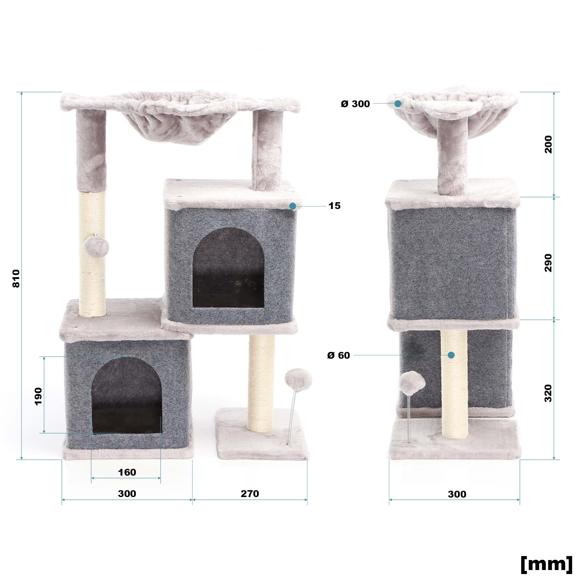 Fudajo Albero tiragraffi grigio con sisal 81cm Con 2 nicchie chiuse Casette Per gatti