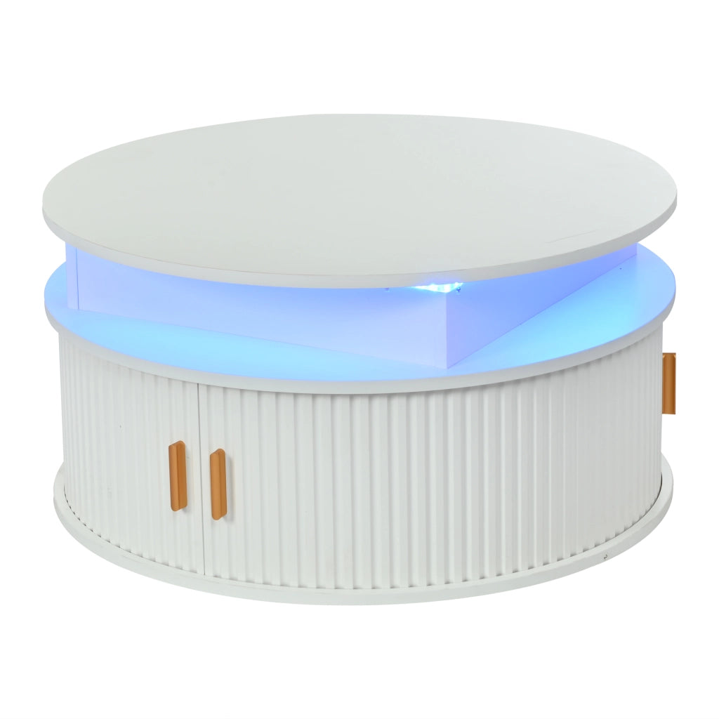 Tavolino da caffè rotondo bianco 75 cm regolabile in altezza con LED e vano contenitore