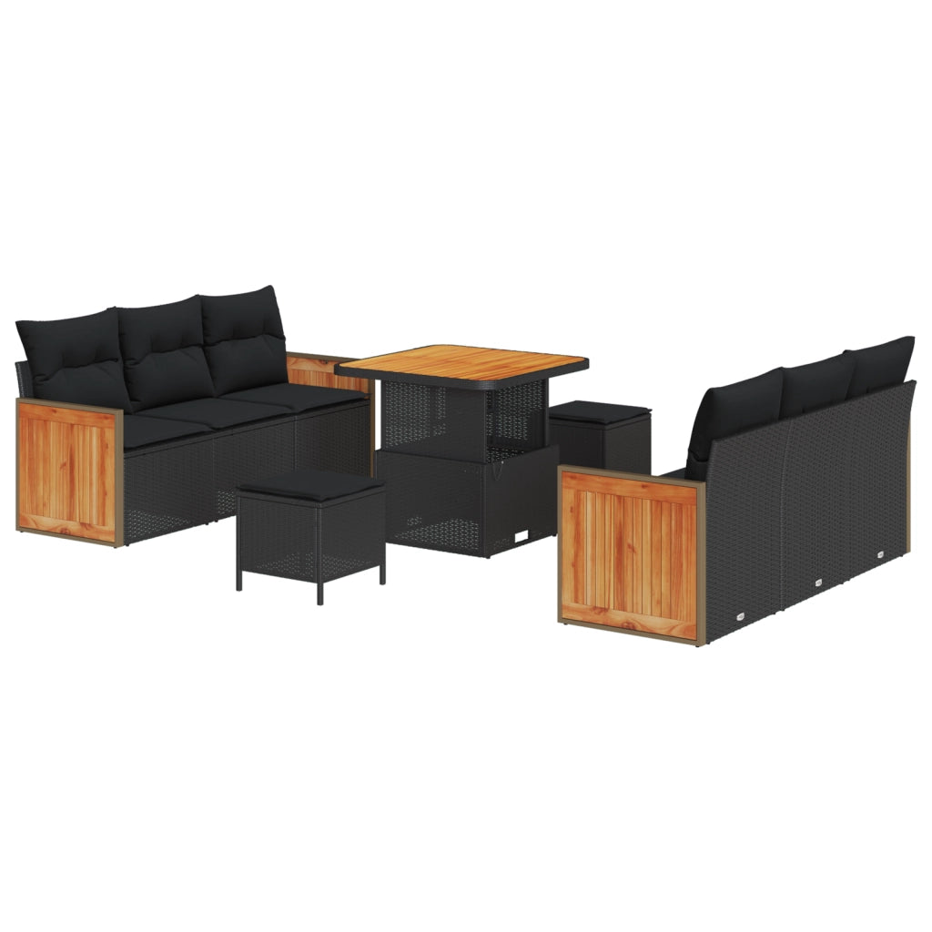 Set Divano da Giardino  9 Pezzi con Cuscini Nero Polyrattan Acacia