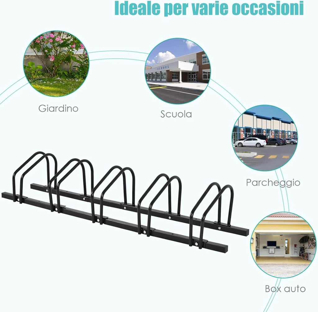 Rastrelliera per Biciclette, Portabiciclette Parcheggio Organizzatore per 4/5/6 Bici, Parcheggio per Biciclette, Telaio d'Acciaio (Nero, 5 Bici)