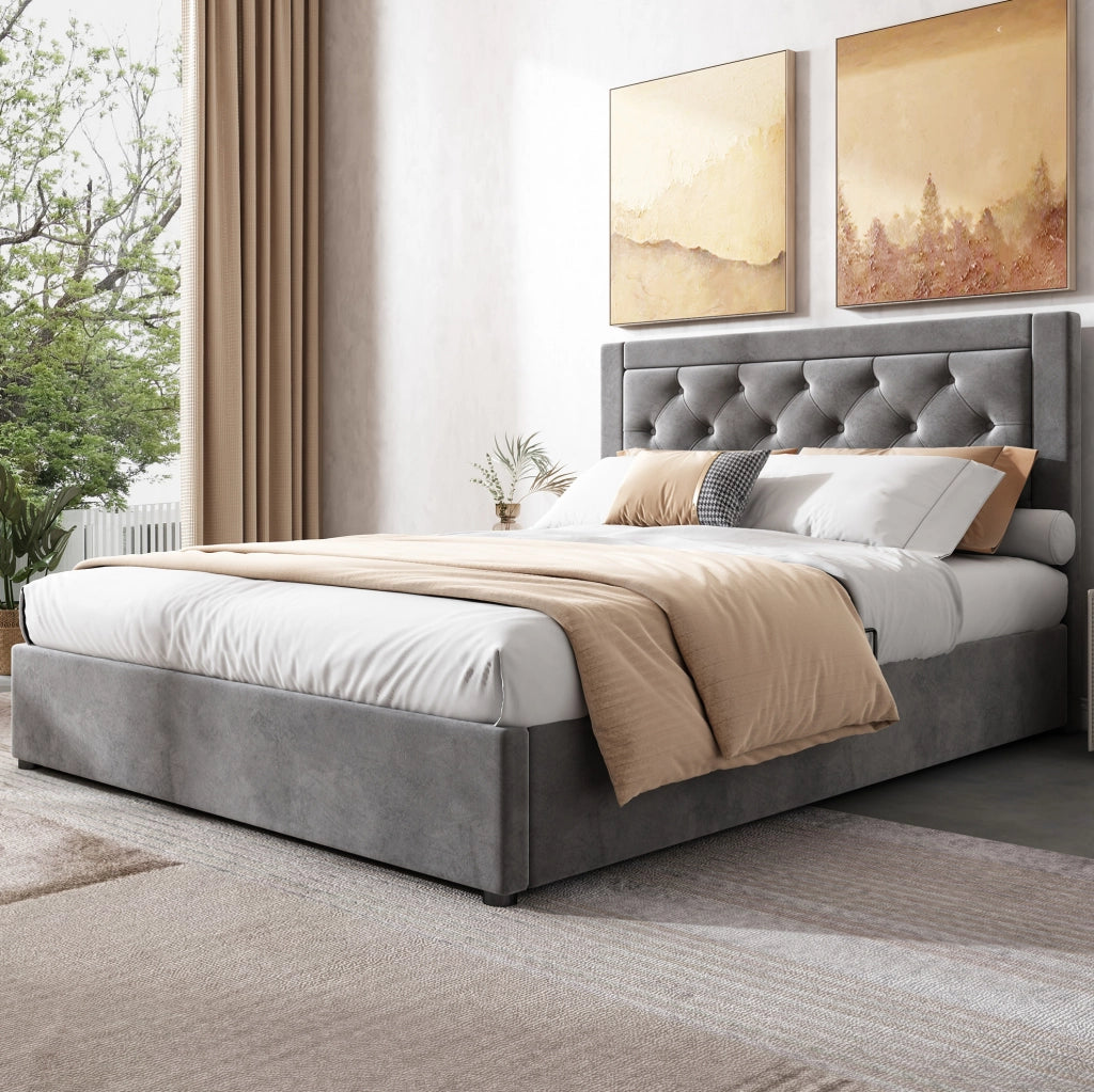 Letto imbottito 140x200 cm con contenitore laterale grigio