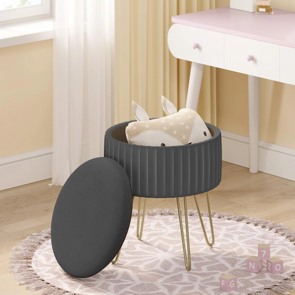 Poggiapiedi Ottomano, Contenitore con Rivestimento in Velluto Olandese e Gambe in Metallo, Sgabello Rotondo per Soggiorno/Camera da Letto/Ingresso, φ31,5xH37,5 cm, Grigio Scuro, SH105dgr