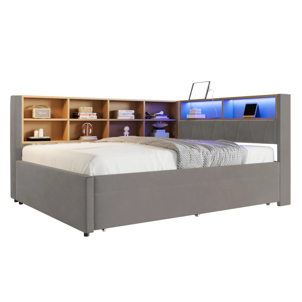 OKWISH Letto Divano 140×200 cm e 90×190 cm, Letto 2 Posti con LED, USB, Tipo C e VanI Portaoggetti, senza Materasso, in Flanella, Grigio Scuro