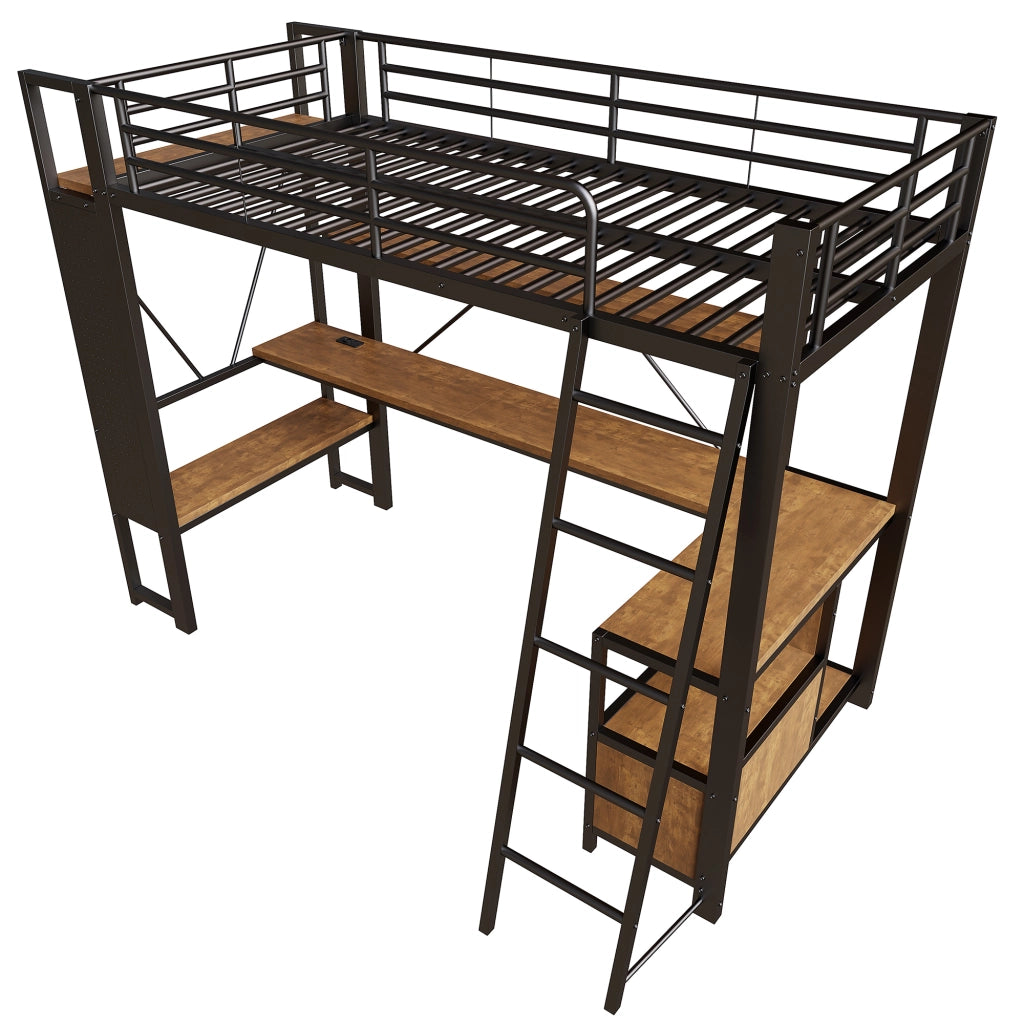 Letto a soppalco con scrivania e LED - Zephmum - 90x200 cm - Nero - USB, scaffali