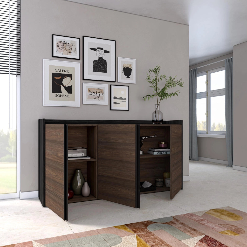 Credenza, Mobile, Cucina, 156x80x35 cm, 3 Porte, grande stoccaggio, Rovere scuro e Nero