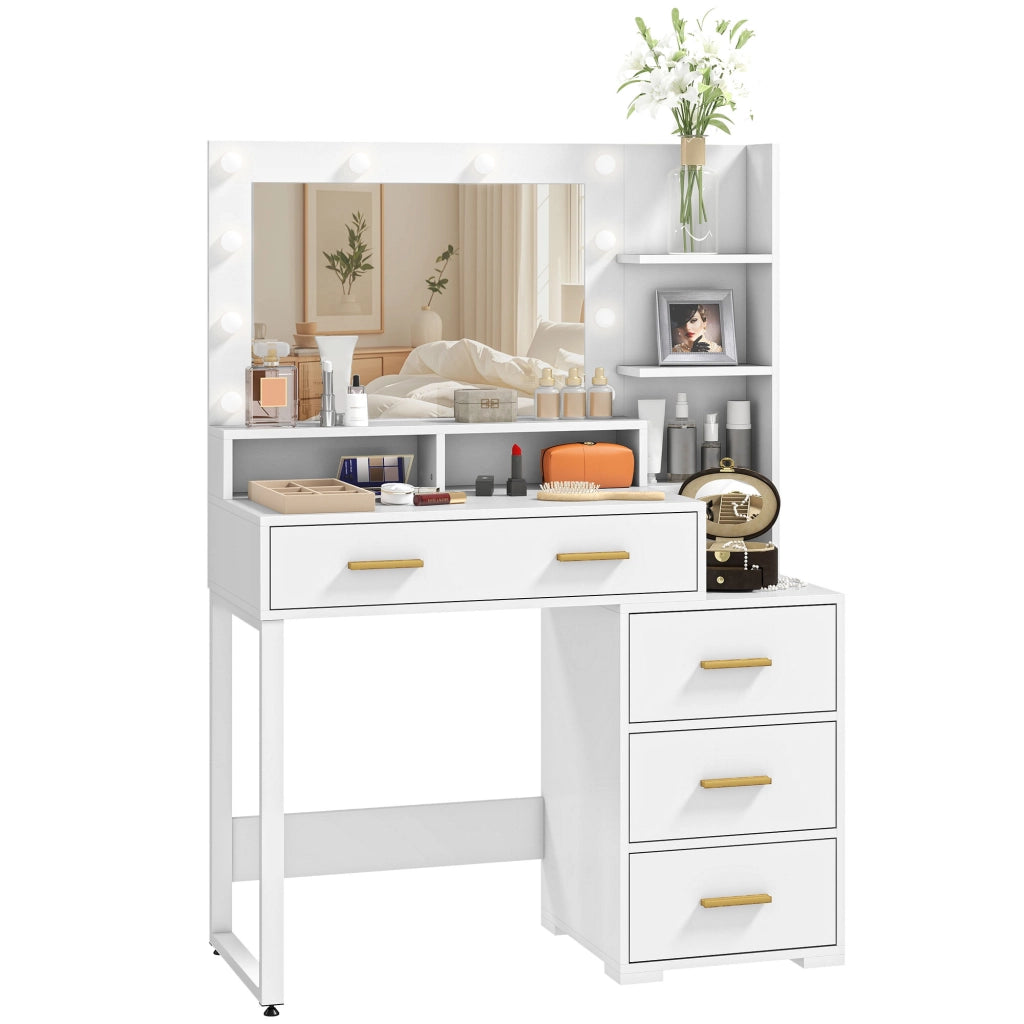 Scrivania da trucco con specchio e luci LED, 4 cassetti ¨C zephmum ¨C bianco, 100x40x138 cm