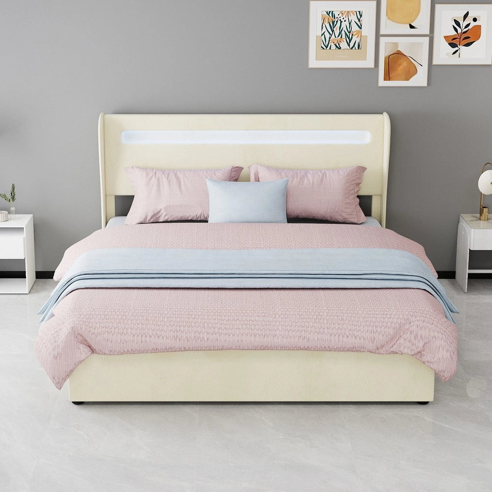 Letto Contenitore Imbottito con LED ¨C MINIMAL ¨C Beige 160x200 con Materasso