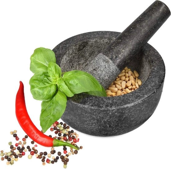 Set di pestello e martelletto in granito - Pestello per erbe pesto grande - per erbe pesto - Martelletto con pestello - Diametro 16 cm