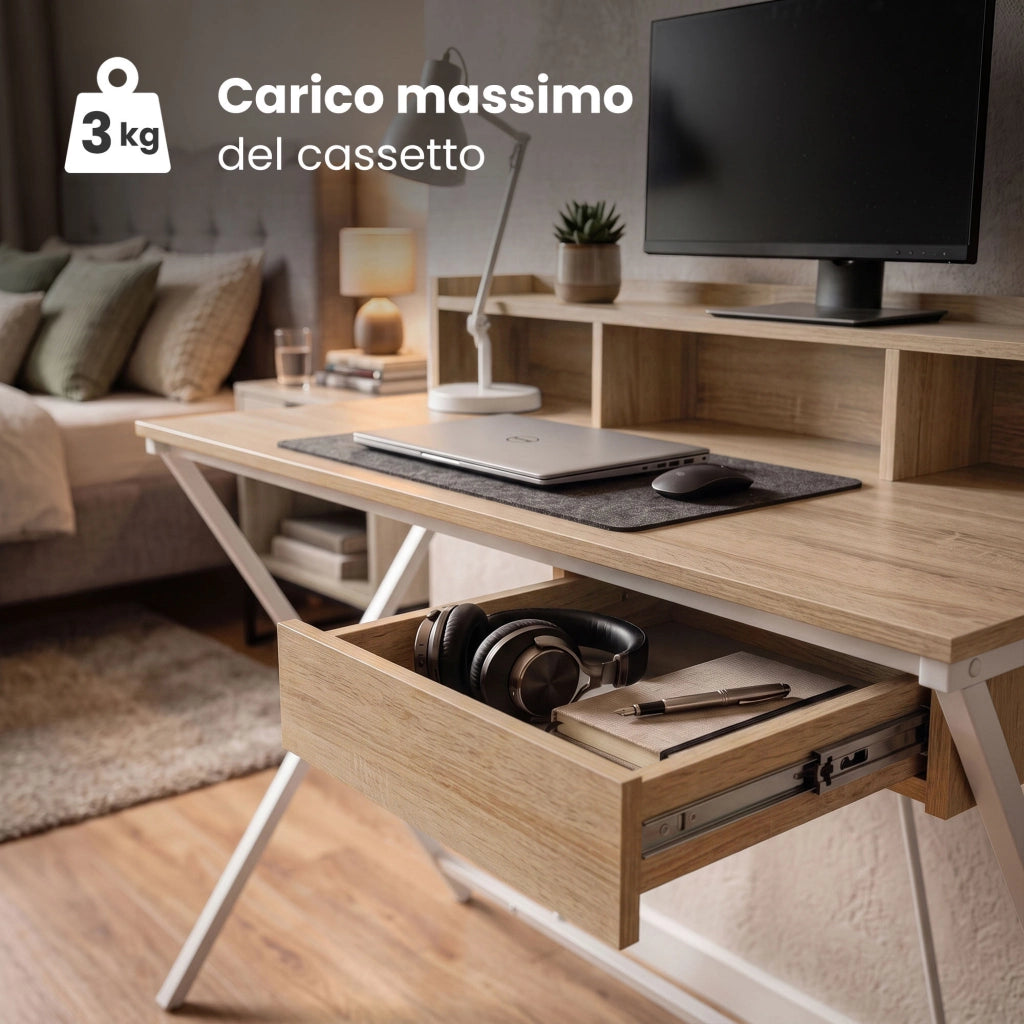 Scrivania PC industriale Rovere Sonoma FLEXO 100 cm 1 cassetto 1 ripiano gambe bianche