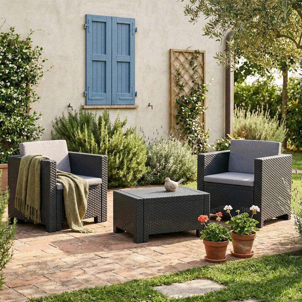 Set salotto da esterno Camini, Salottino outdoor, Set da balcone o giardino, Composizione soggiorno per esterni, Made in Italy, Antracite