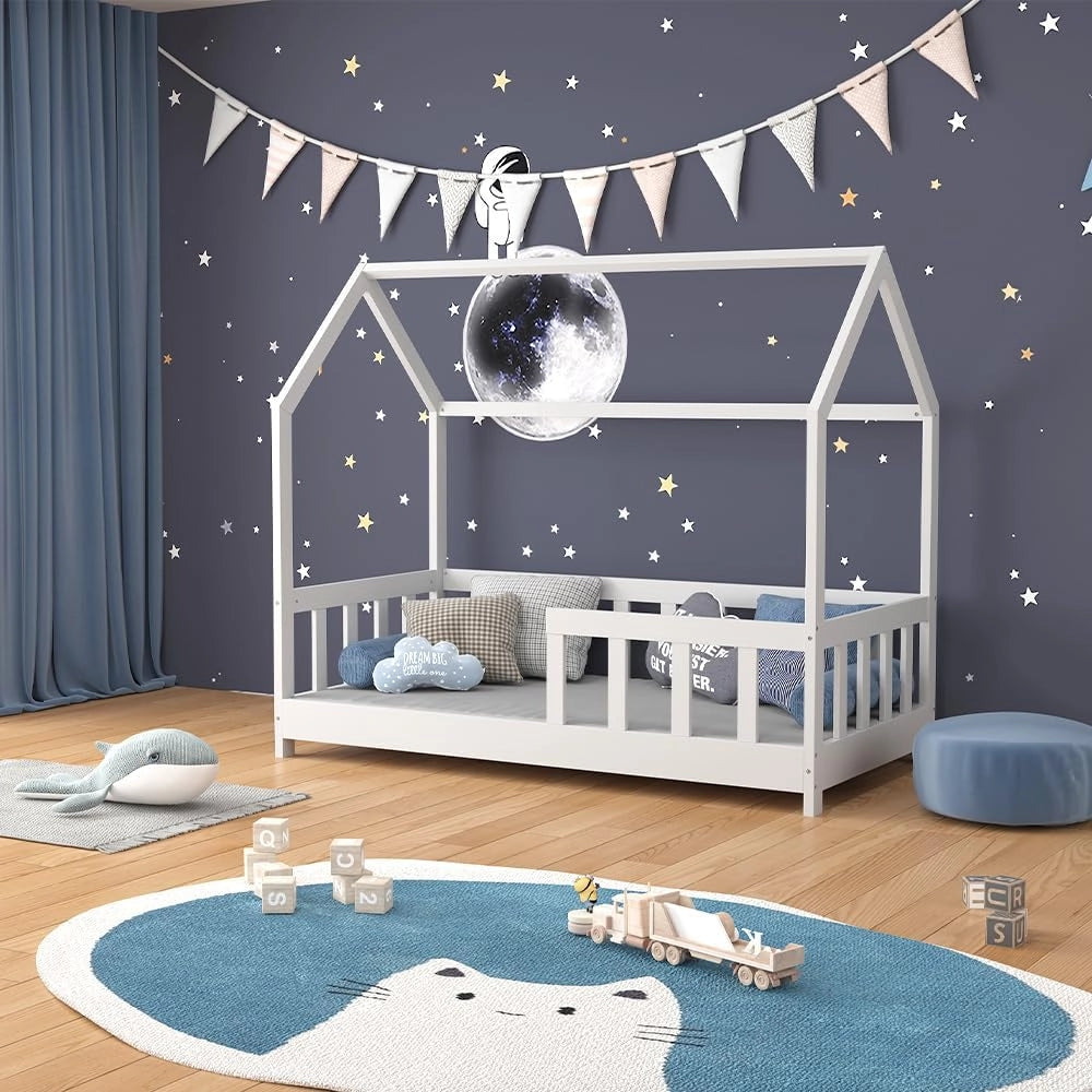 Letto montessori bambini Michelle, Bianco, 70x140 cm con protezione anticaduta, adatto per materassi 70x140 cm, combinabile con accessori