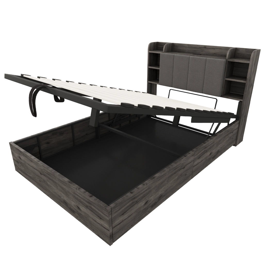 OKWISH Letto contenitore 140×200 cm, Letto Matrimoniale con Contenitore Idraulico, USB, Tipo C e Scomparti, senza Materasso, MDF, Grigio