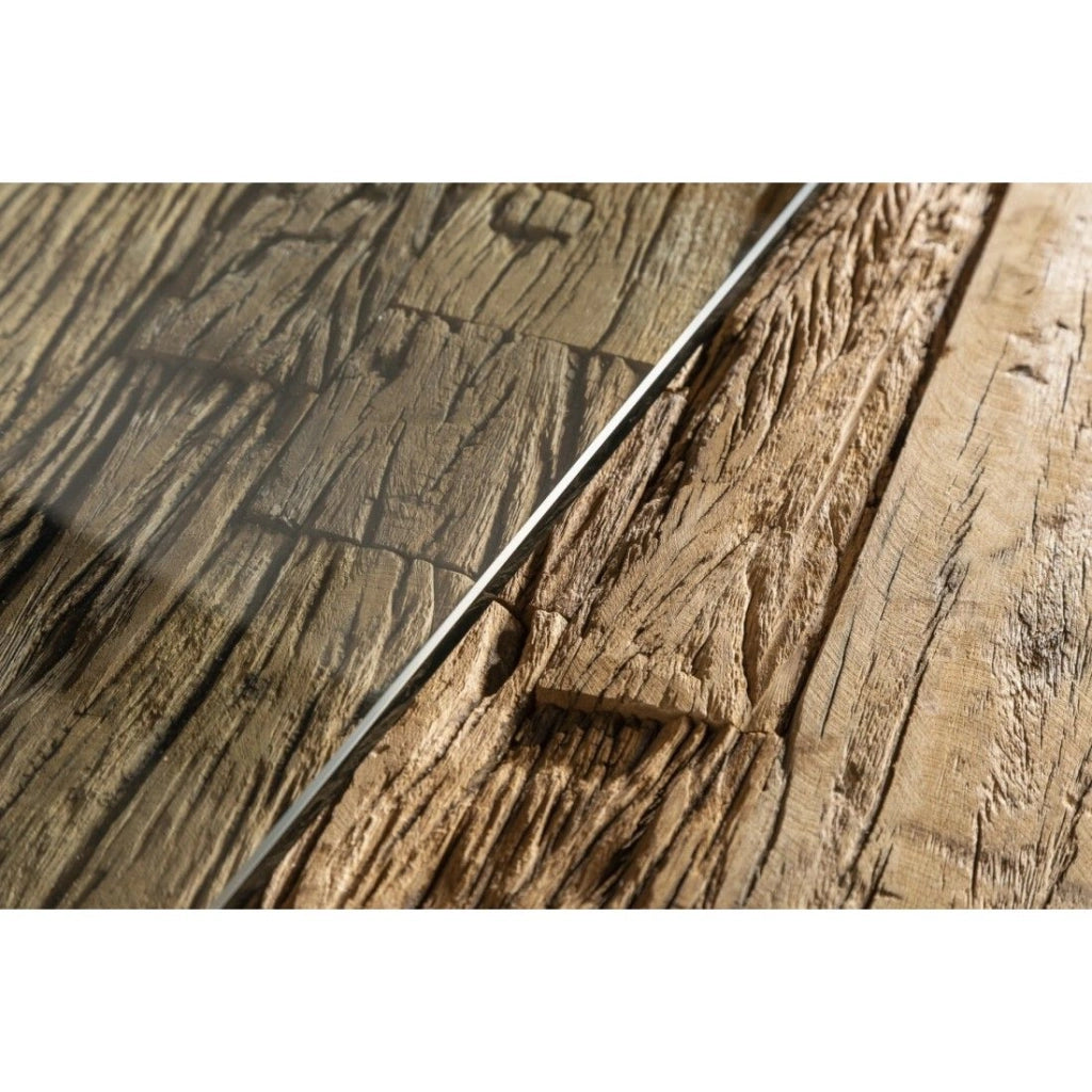 Tavolo da pranzo RAFTA 180 cm – Piano in legno massello di teak e vetro temperato – Gambe a X in metallo nero