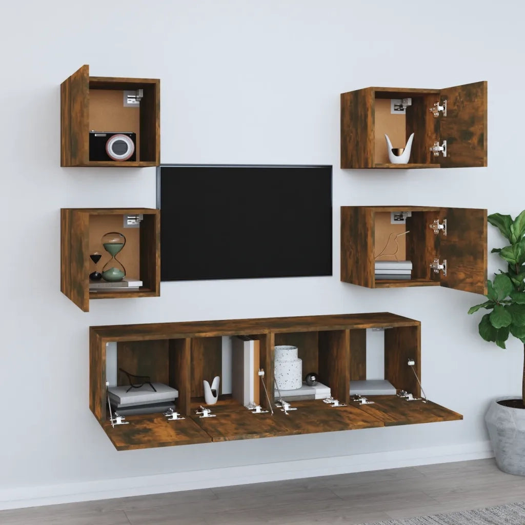 Set di Mobili Porta TV 6 pz Rovere Fumo in Legno Multistrato cod mxl 26771