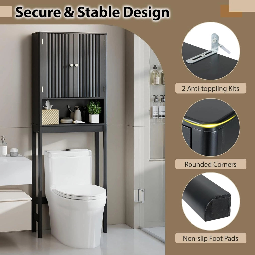 Mensola WC con ripiani regolabili, armadietto WC con 2 ante e ripiano aperto, 60 × 23 × 168 cm, salvaspazio per bagno e lavanderia (nero)