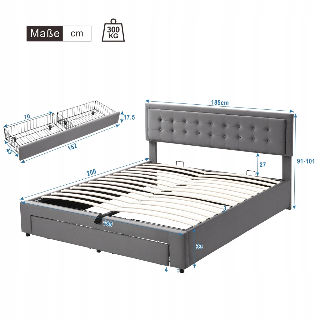 Letto imbottito con cassetti - Xylo - 180x200 - Grigio