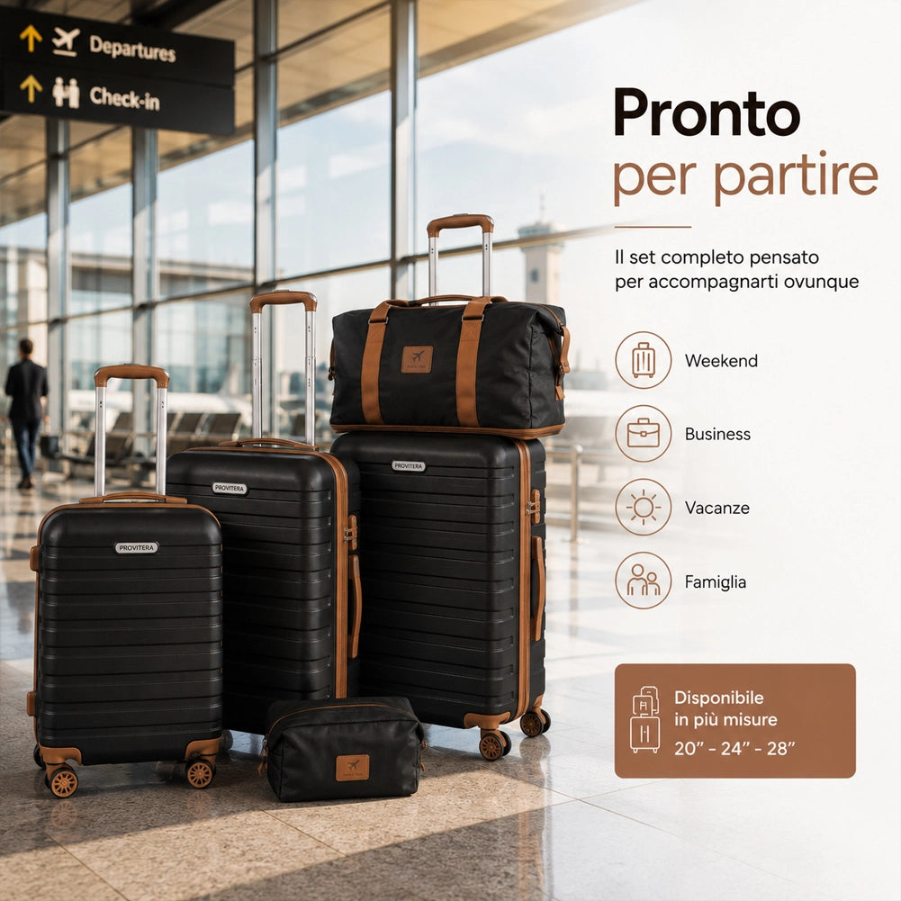 Set 6 Pezzi Valigie Rigide Family in ABS Beauty Case Nero e Marrone 55/66/75cm