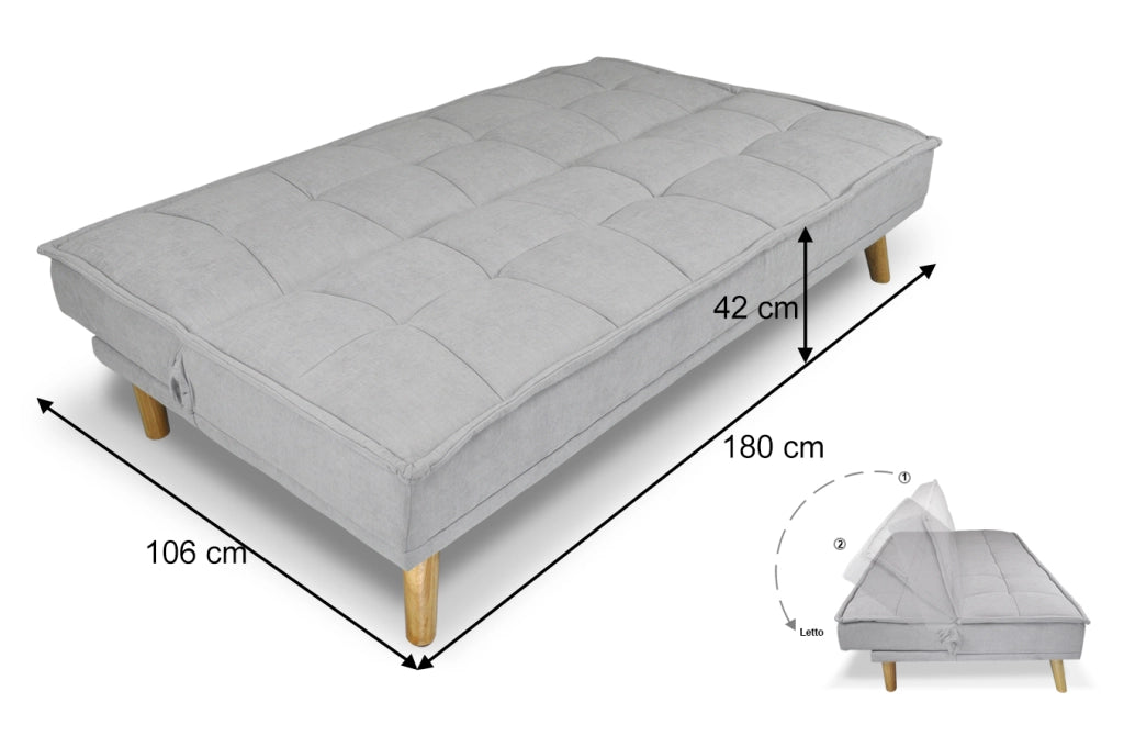 Divano letto clic clac in tessuto vellutato grigio, divano 3 posti - Bart - DL-BA01FBC