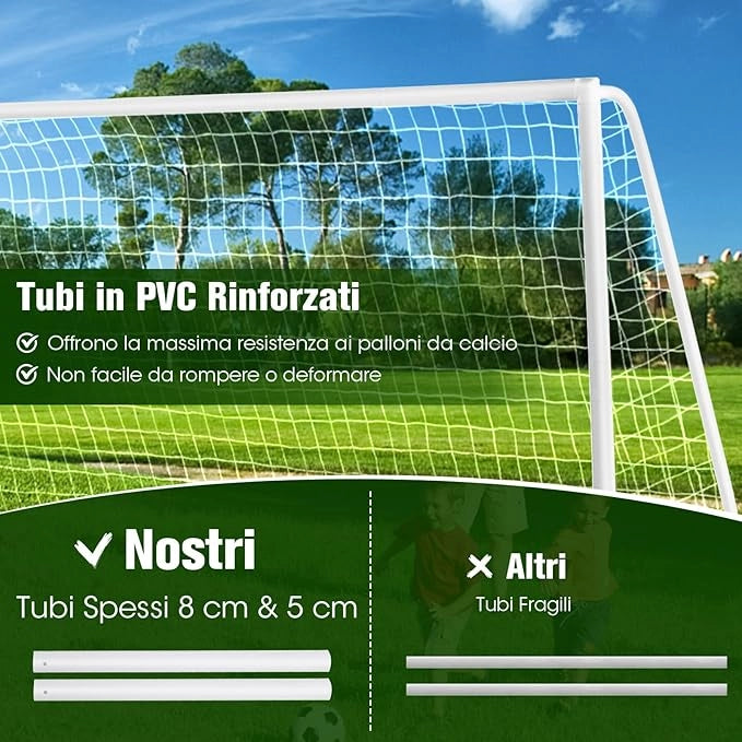 Porto per Calcio per Bambini, Rete da Calcio Resistente alle Intemperie e Telaio in UPVC con Pali di Fissaggio e Coni da Calcio per Allenamenti in Cortile