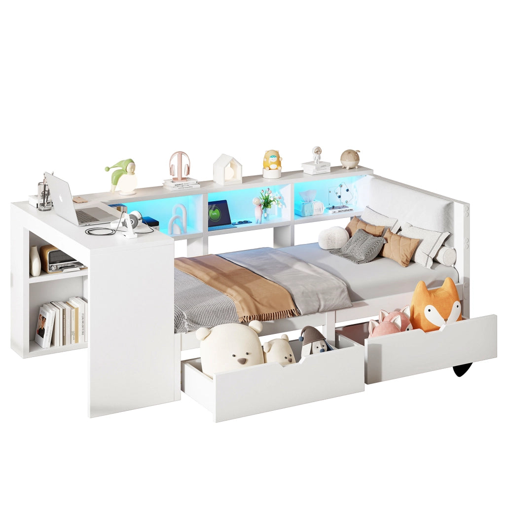 Letto singolo 90 × 200 cm con testiera imbottita, ripiani, 2 cassetti, USB, LED, senza materasso, bianco