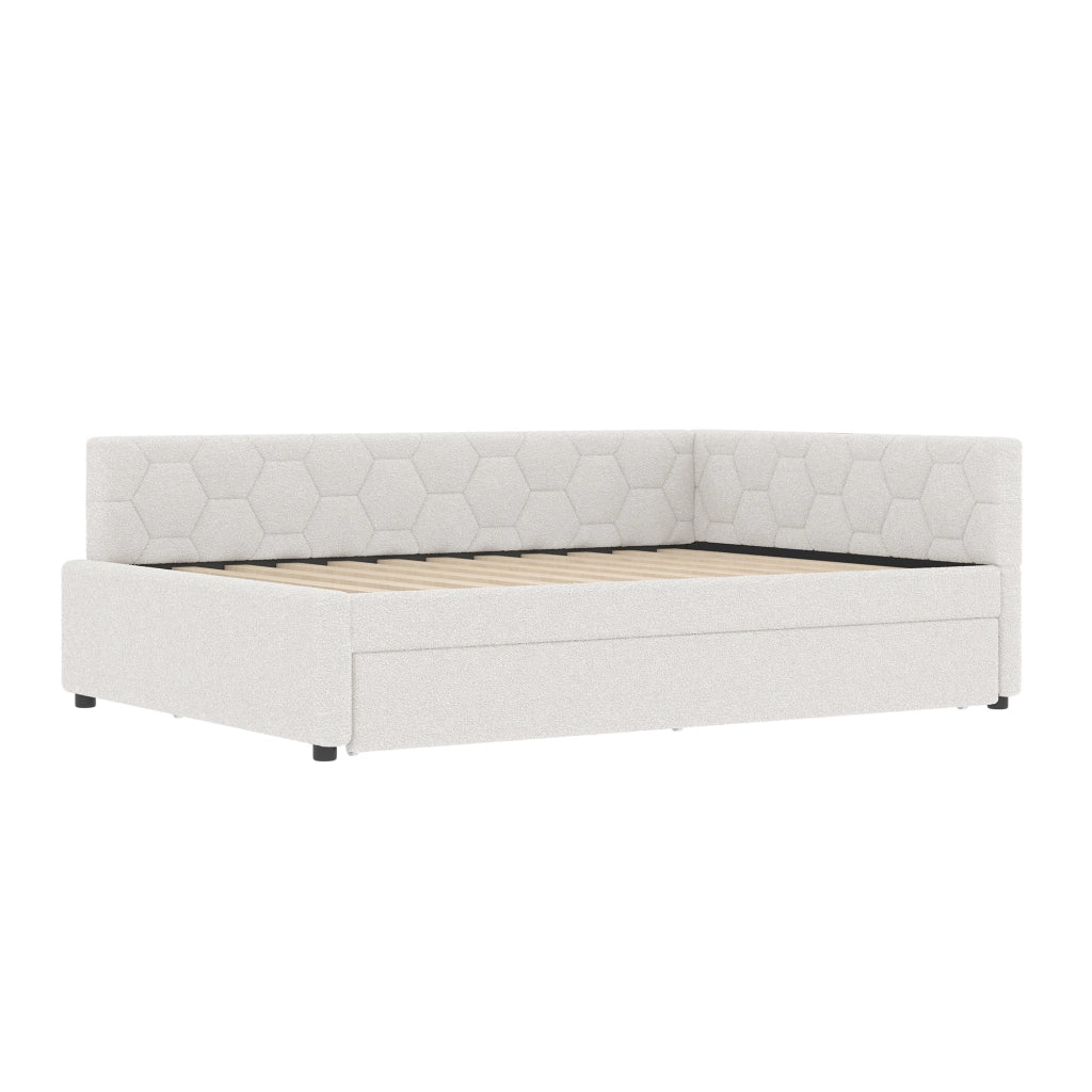 Letto imbottito bianco 140x200 cm con rete a doghe; letto estraibile; USB-C e luce da comodino