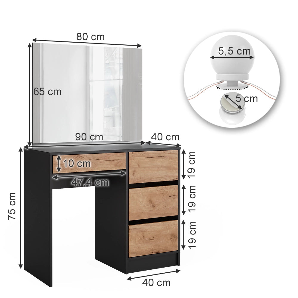Vicco Tavolo da toilette Antracite/quercia dorata 90 x 75 cm con specchio e illuminazione a LED