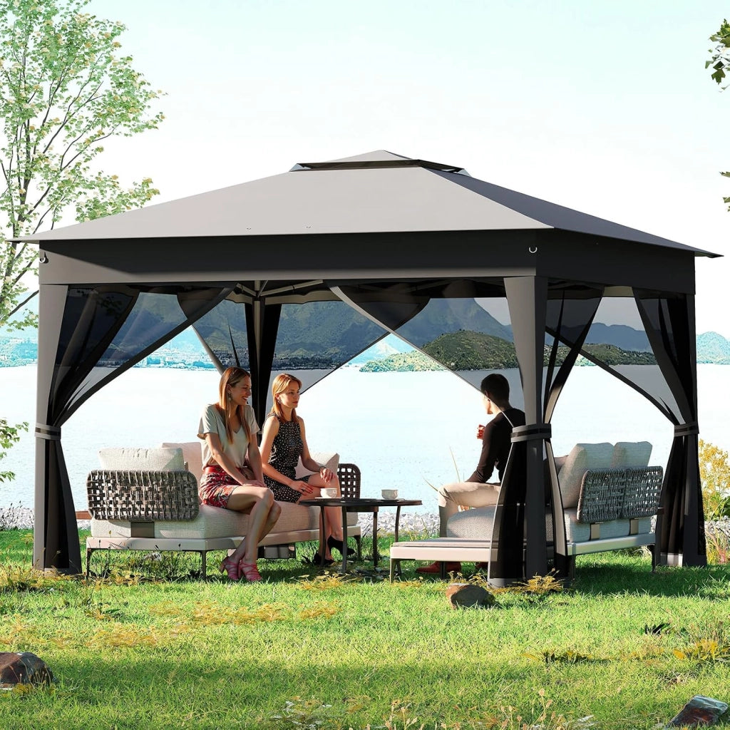 Gazebo Pieghevole 3,4 x 3,4 m con Zanzariera, Gazebo da Giardino con Tende Laterali, Tenda da Giardino Antivento Facile da Montare Resistente 210D con Borsa di Trasporto (Grigio)