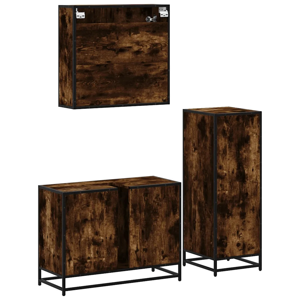 Set Mobili da Bagno 3 pz Rovere Fumo in Legno Multistrato 3301032