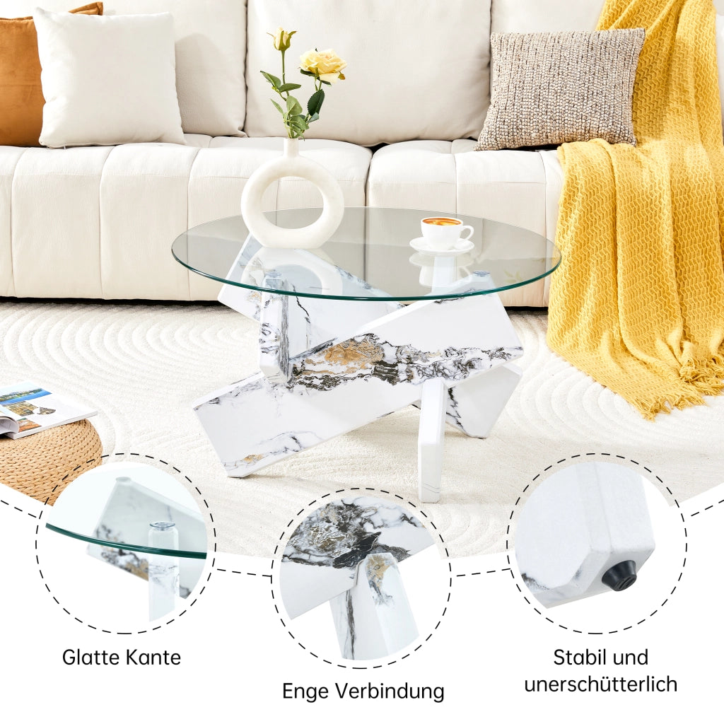 Tavolino da caffè con piano in vetro e base a croce - per soggiorno - in MDF e vetro - 79x79x45 cm - bianco e trasparente