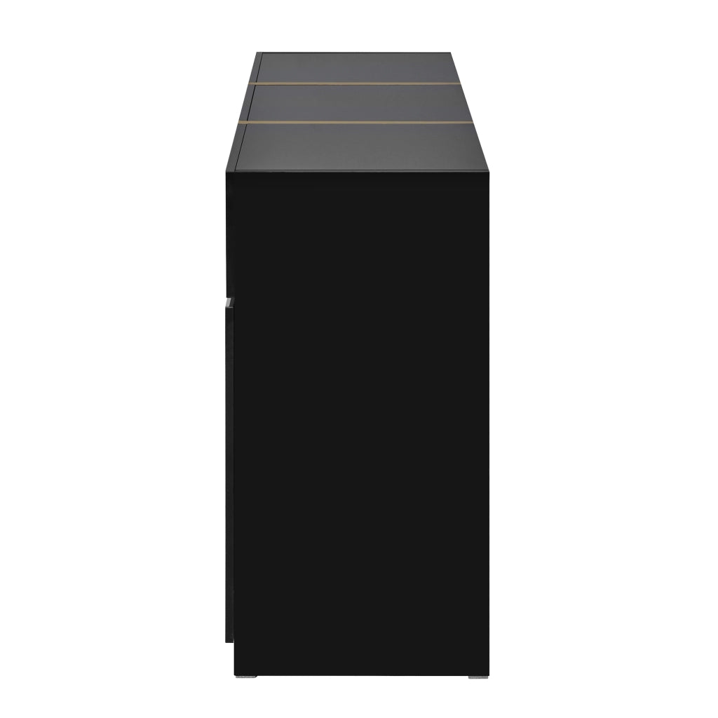 Credenza lucida, 3 ante e 2 cassetti, mobile da ingresso, finiture dorate, nero