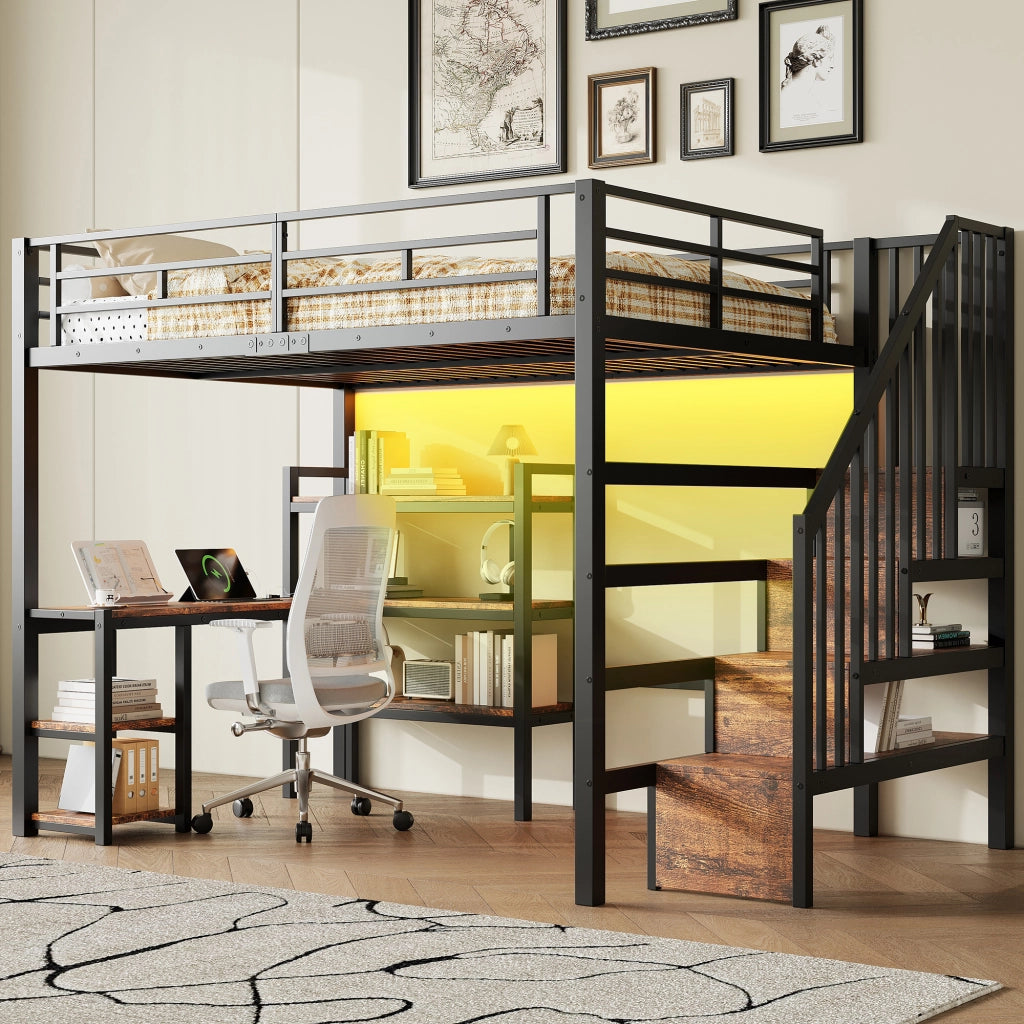 Letto a Soppalco con Scrivania, LED, USB, Cassetti e Scala ¨C MINIMAL ¨C Metallo Nero 140x200