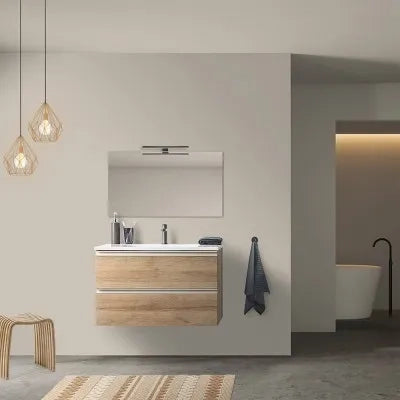 Mobile bagno sospeso 100 cm rovere miele con lavabo e specchio tondo Master