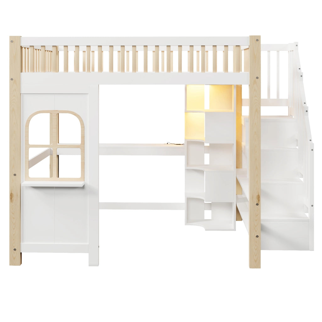 HOCHBETT 140x200 cm con scrivania, LED, scala contenitore, bianco/naturale