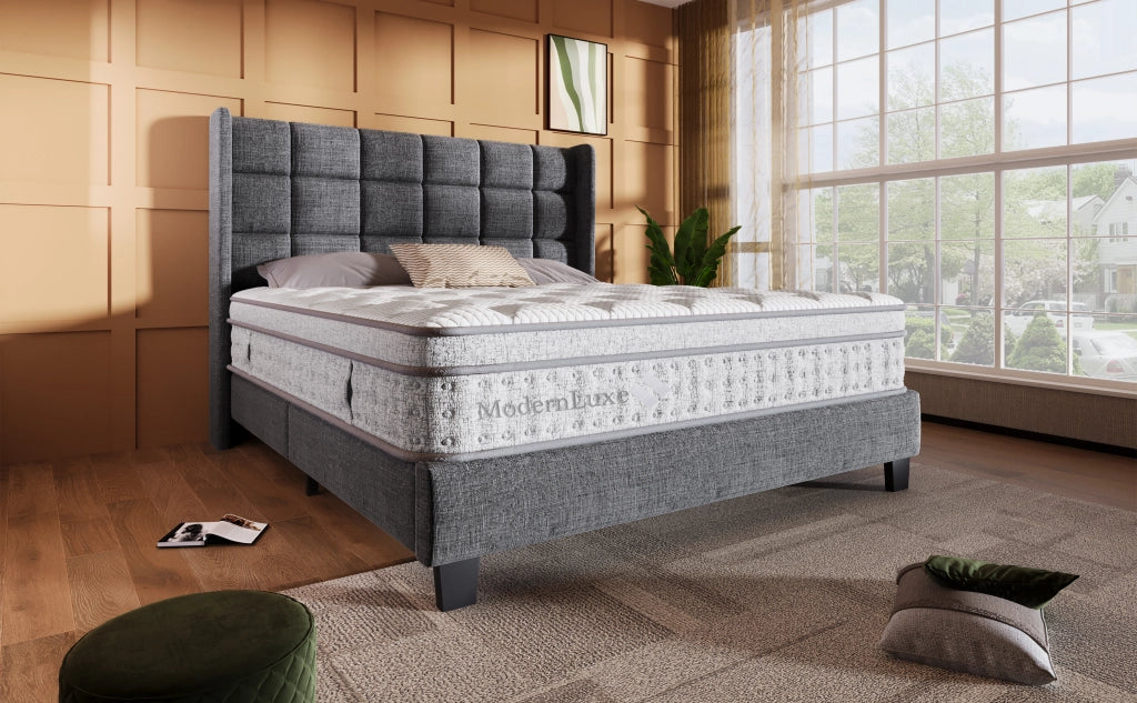 Letto matrimoniale 140 × 200 cm con LED, USB, contenitore, con materasso, in lino, grigio