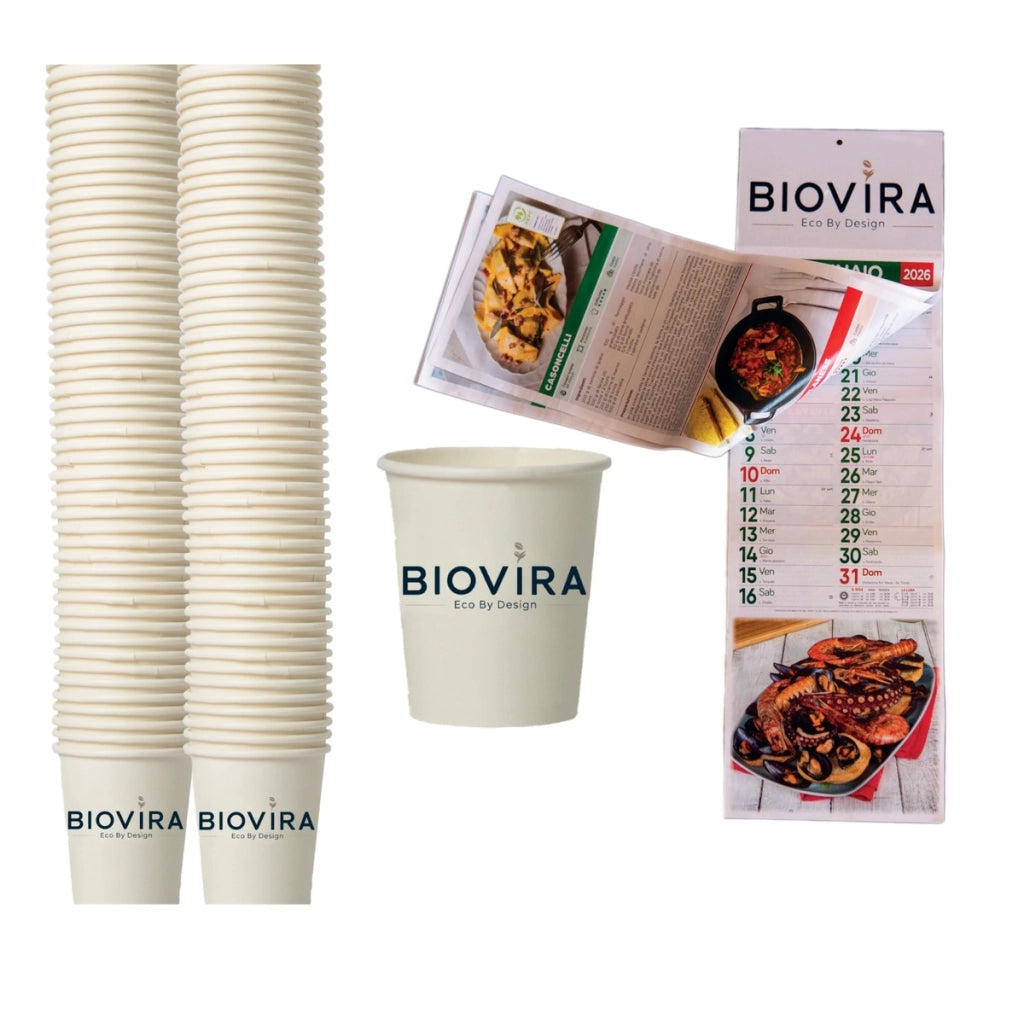 BIOVIRA 100 Bicchieri di Carta da 240 ml Monouso Biodegradabili, Calendario Gastronomico 2026 – Ideali per Acqua e Bevande Calde e Fredde, Alternativa Ecologica ai Bicchieri di Plastica Usa e Getta