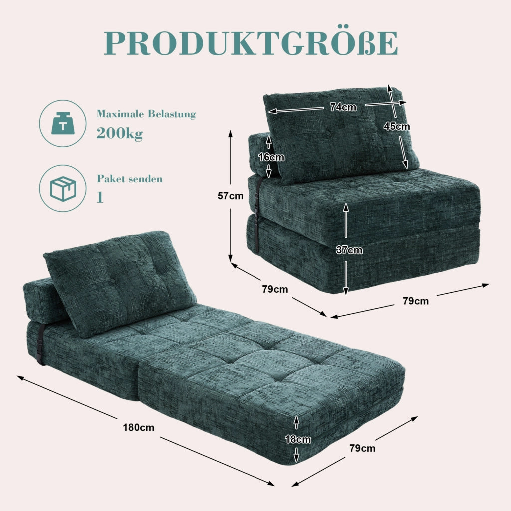 Divano letto pieghevole in ciniglia verde smeraldo con cuscini