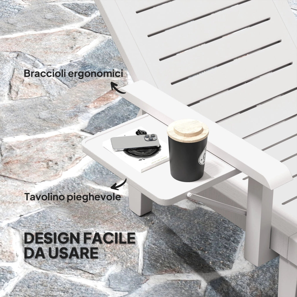 Set 2 Sdraio da Giardino con Tavolino e Braccioli ¨C Zephmum ¨C Polipropilene, Bianco, 79x158x88 cm
