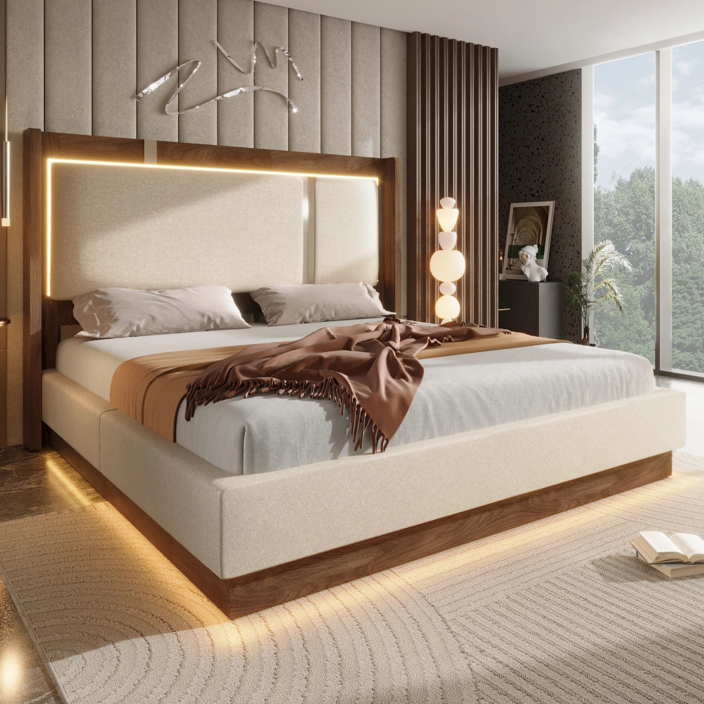 LETTO Contenitore 140x200 cm Beige in lino e legno con LED