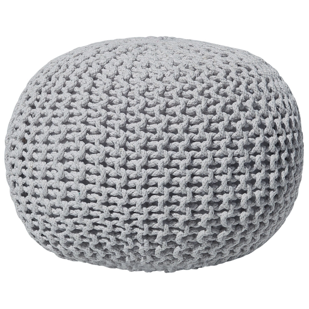 Pouf ottomana grigio chiaro in cotone lavorato a maglia perline EPS riempimento rotondo piccolo poggiapiedi 50 x 35 cm