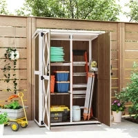 Capanno da Giardino in Legno di Abete con 2 Ripiani e 2 Porte, 116.5x57x159/167 cm, Marrone e Bianco