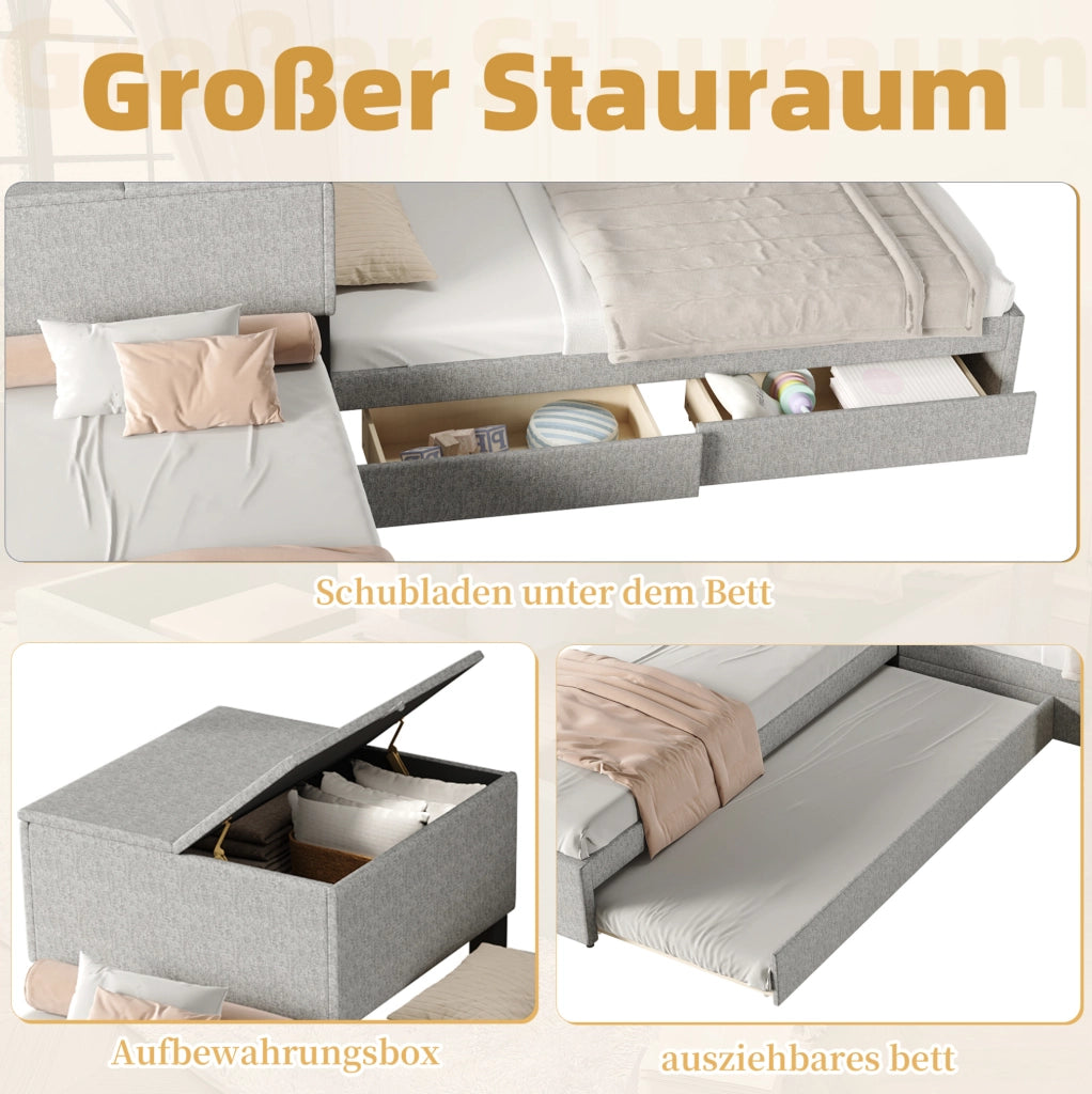 Letto angolare 90x200 cm con letto estraibile; armadietto e 2 cassetti; in lino grigio
