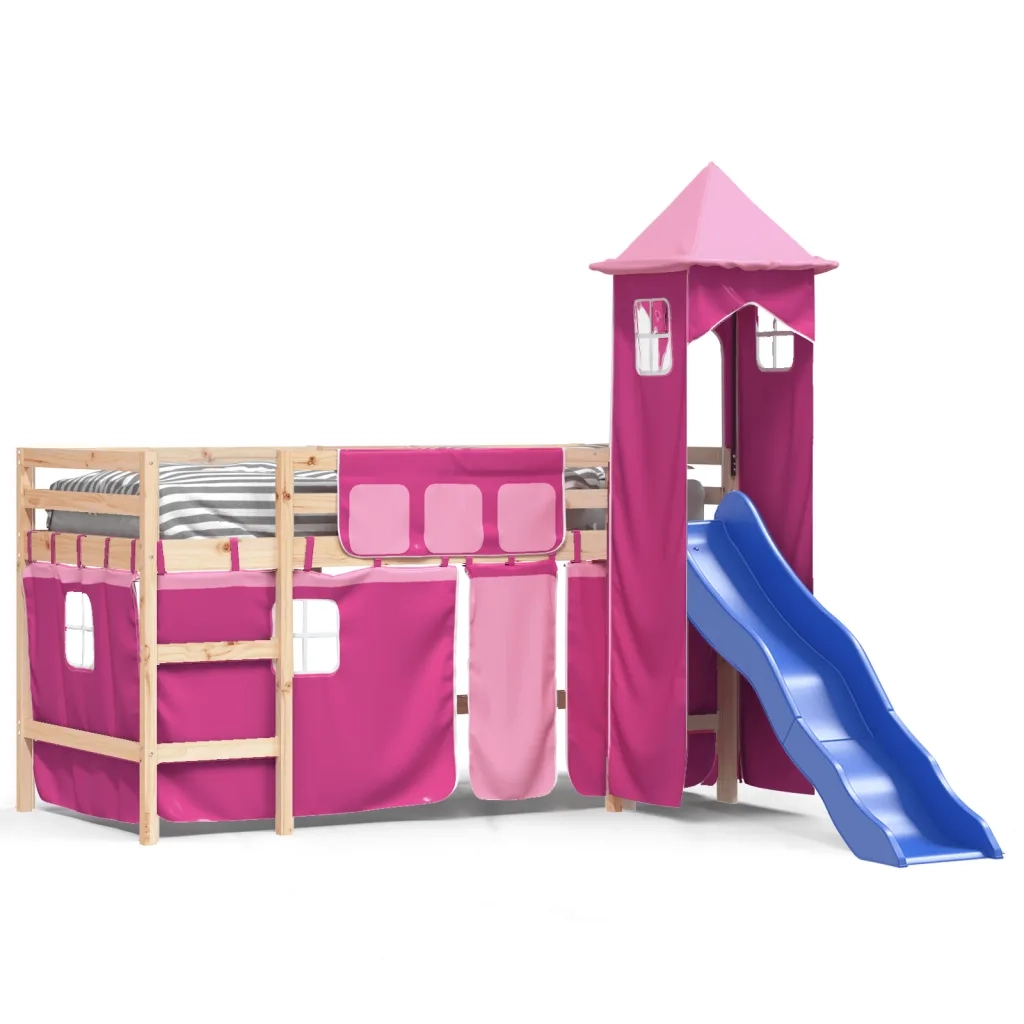 Letto a Soppalco con Torre Bambini Rosa 90x200cm Massello Pino 3207074