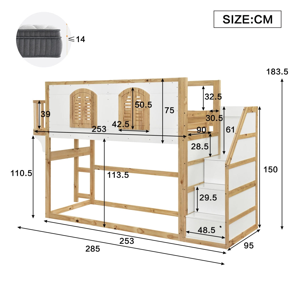 LETTO A CASTELLO 90x200 cm con scaletta contenitore, legno bianco/naturale