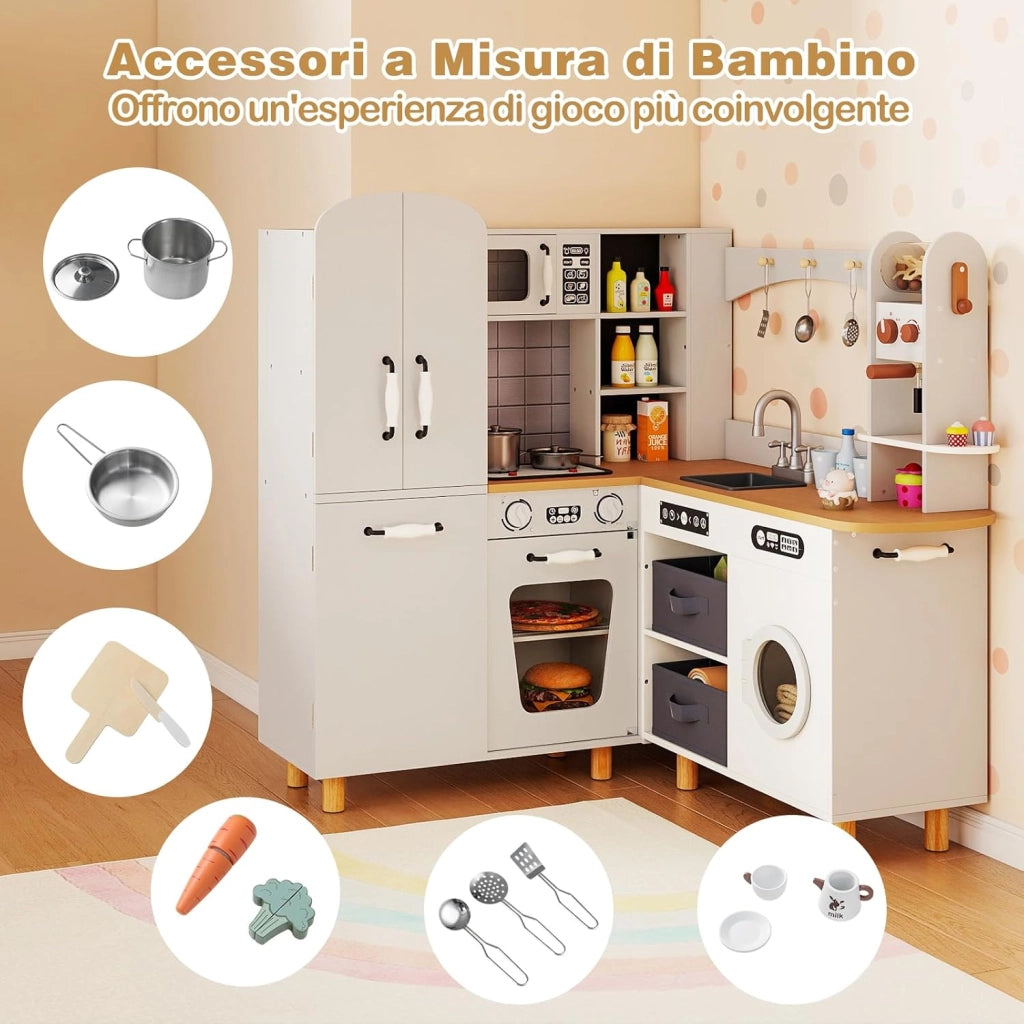 Cucina Giocattolo per Bambini, Cucina da Gioco ad Angolo con Fornelli, Frigorifero, Macchina da Caffè, Microonde, Lavatrice e Accessori, con Suoni e Luci per Bambini 3+ Anni (Bianco)