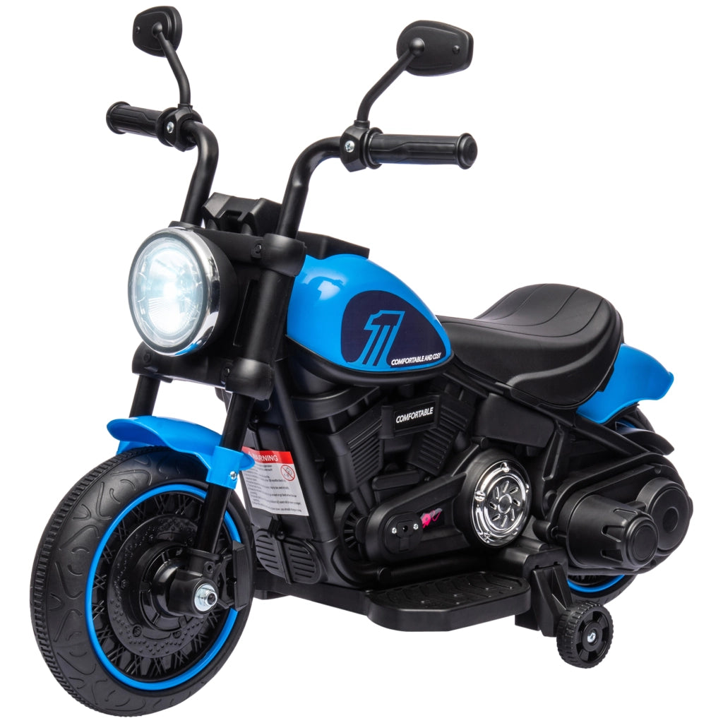 Moto Elettrica per Bambini 18-36 Mesi in PP e Metallo con Rotelle e Fanale, 76x42x57 cm, Blu e Nero