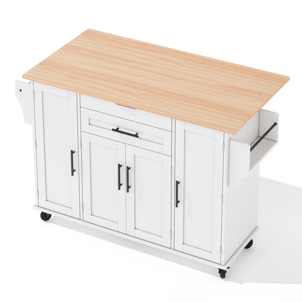 Isola da Cucina Mobile 136x70x92 cm Bianca con Piano Ribaltabile; Cassetto Nascosto; Ripiani e 5 Ruote