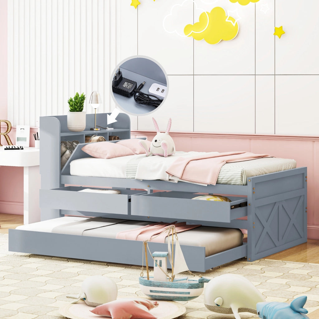 OKWISH Letto estraibile 90×190 cm, Letto Singolo con 2 Cassetti, USB e Comodino con Ripiano, senza Materasso, in Legno Massello, Grigio